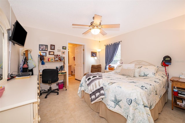 bedroom featuring light tile patterned floors and ceiling fan