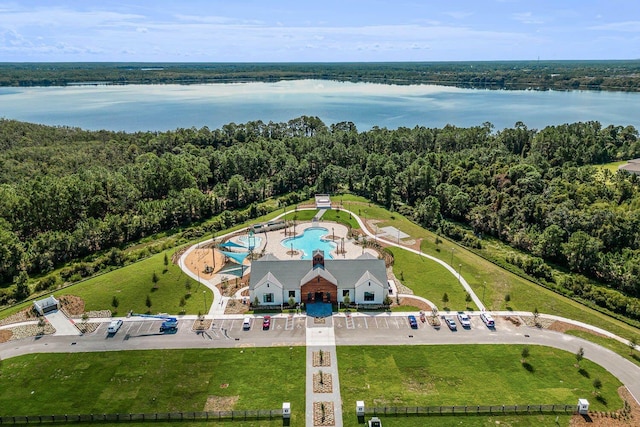 birds eye view of property featuring a water view