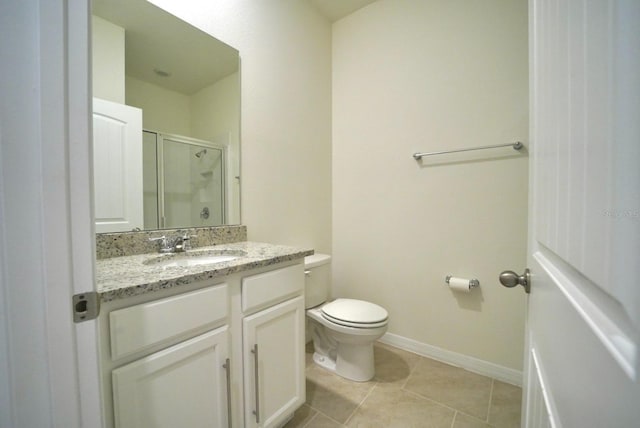 bathroom featuring vanity, toilet, an enclosed shower, and tile patterned flooring