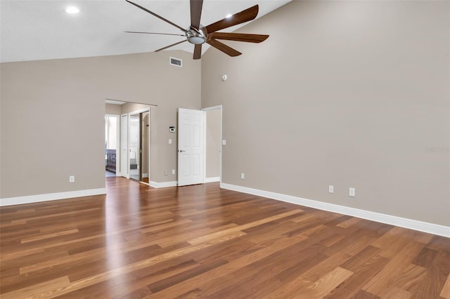 interior space featuring wood-type flooring, high vaulted ceiling, and ceiling fan