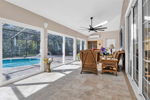 sunroom with lofted ceiling, a wall unit AC, and ceiling fan