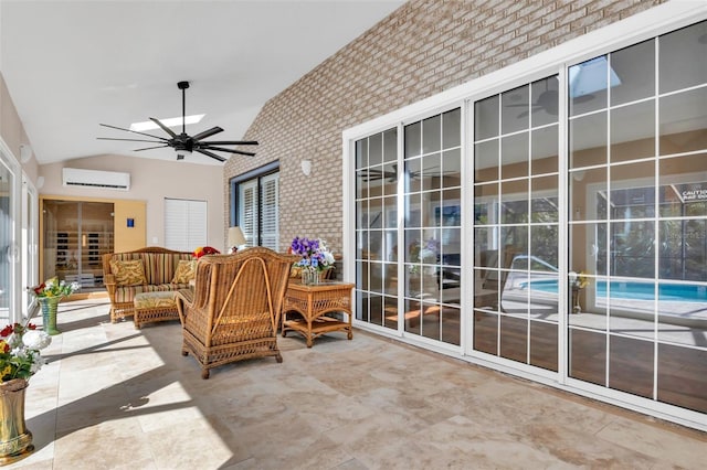 sunroom featuring an AC wall unit, lofted ceiling, and ceiling fan