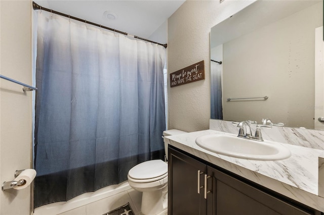 full bathroom with vanity, toilet, and shower / tub combo with curtain