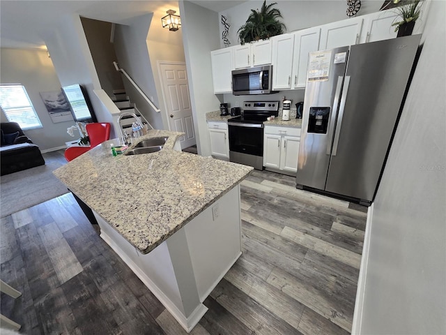 kitchen with sink, a center island with sink, white cabinets, and appliances with stainless steel finishes