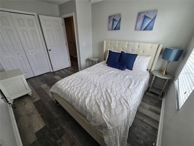 bedroom featuring dark hardwood / wood-style flooring and a closet