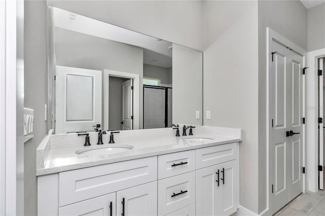 9095 SW 125th Ter, Dunnellon, FL 34432 - bathroom featuring double vanity, a stall shower, and marble finish flooring