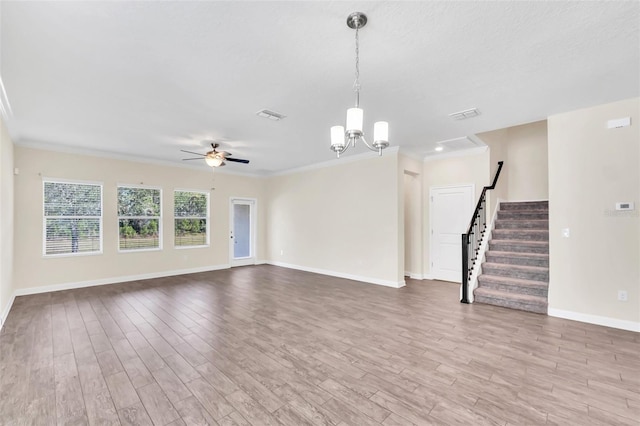 unfurnished living room with ceiling fan with notable chandelier, crown molding, light hardwood / wood-style floors, and a textured ceiling