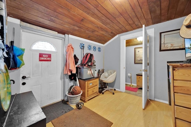 mudroom featuring ornamental molding, lofted ceiling, light wood-type flooring, and wooden ceiling