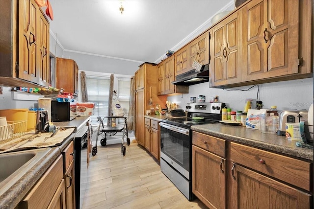 kitchen with crown molding, stainless steel electric range oven, sink, and light hardwood / wood-style floors