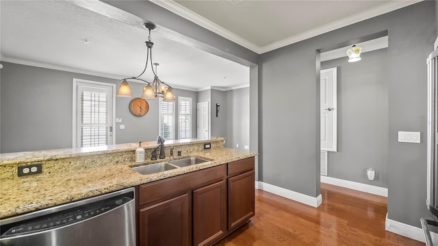 kitchen with sink, hardwood / wood-style flooring, stainless steel dishwasher, light stone counters, and crown molding