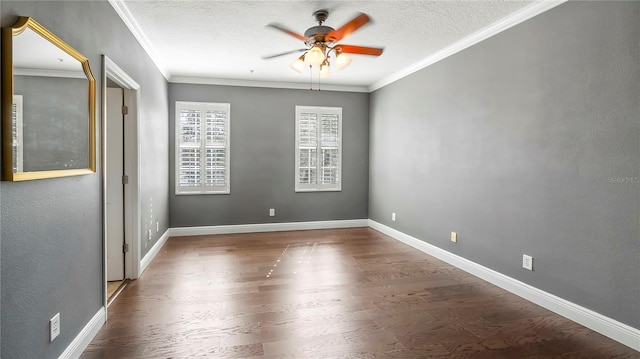 unfurnished room with dark wood-type flooring, ceiling fan, crown molding, and a textured ceiling