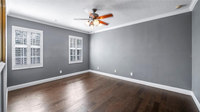 empty room featuring ornamental molding, a wealth of natural light, and ceiling fan