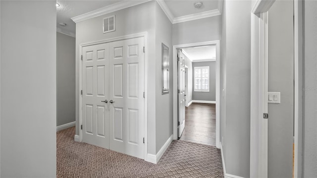 hallway with crown molding and carpet floors