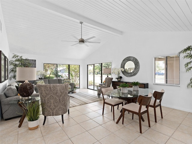 tiled dining area with ceiling fan, high vaulted ceiling, and beamed ceiling