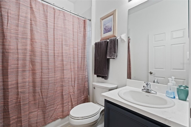 full bathroom with vanity, toilet, and shower / bathtub combination with curtain