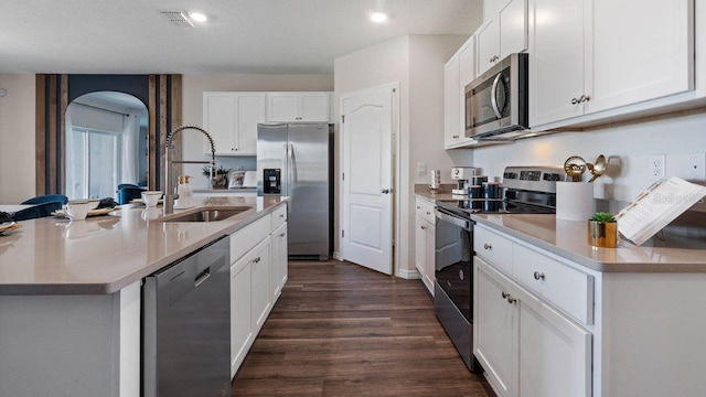 kitchen featuring stainless steel appliances, sink, and a center island with sink