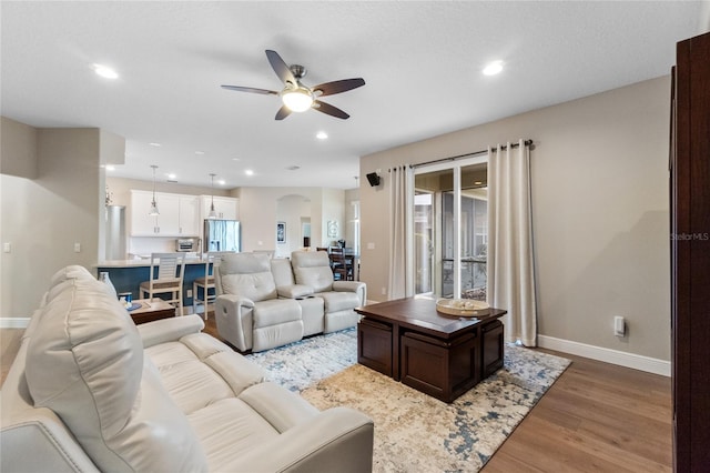 living room with ceiling fan and wood-type flooring