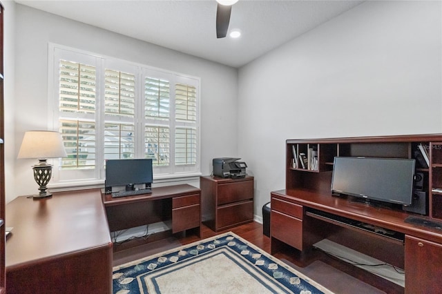 office featuring dark hardwood / wood-style flooring and ceiling fan