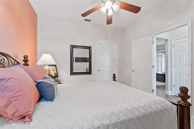 bedroom featuring hardwood / wood-style flooring and ceiling fan