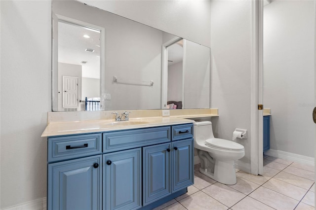 bathroom featuring vanity, toilet, and tile patterned flooring