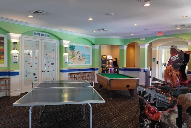 playroom featuring crown molding, pool table, and ornate columns