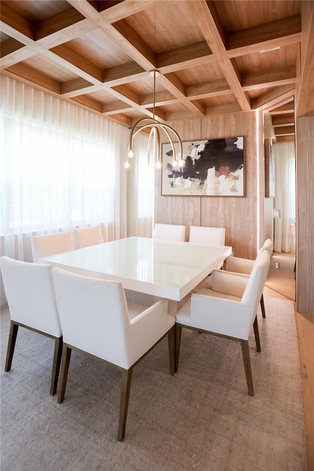 dining area featuring coffered ceiling, wood ceiling, beam ceiling, and wood walls