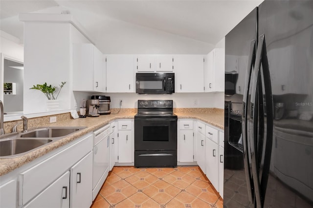 kitchen with vaulted ceiling, white cabinets, sink, and black appliances