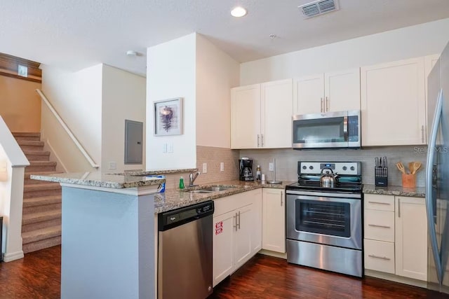 kitchen featuring white cabinetry, appliances with stainless steel finishes, kitchen peninsula, and sink