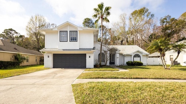 view of property featuring a garage and a front lawn