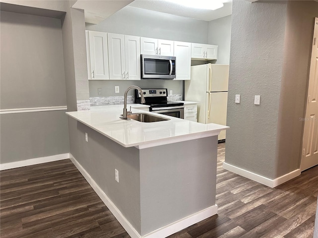 kitchen with dark wood-type flooring, sink, kitchen peninsula, stainless steel appliances, and white cabinets