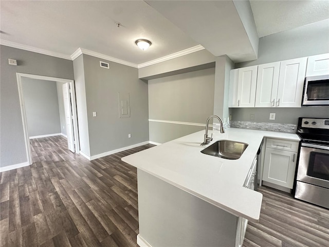 kitchen featuring sink, dark hardwood / wood-style floors, kitchen peninsula, stainless steel appliances, and white cabinets