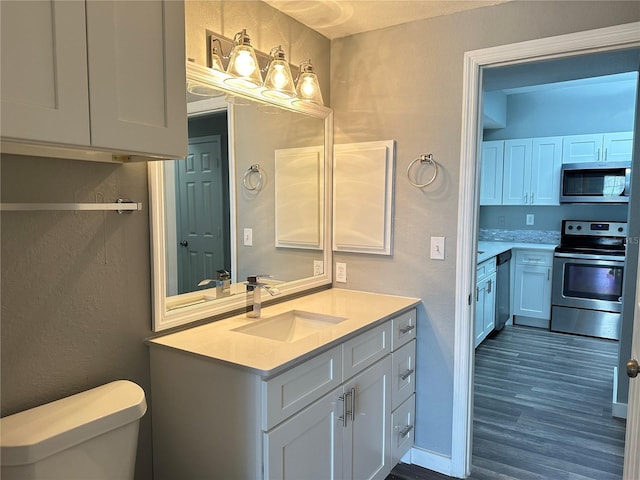 bathroom with vanity, wood-type flooring, and toilet