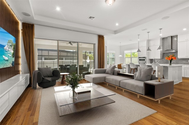 living room featuring a raised ceiling and light hardwood / wood-style flooring