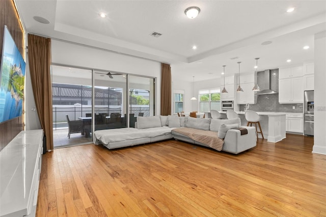 living room with a tray ceiling and light hardwood / wood-style floors