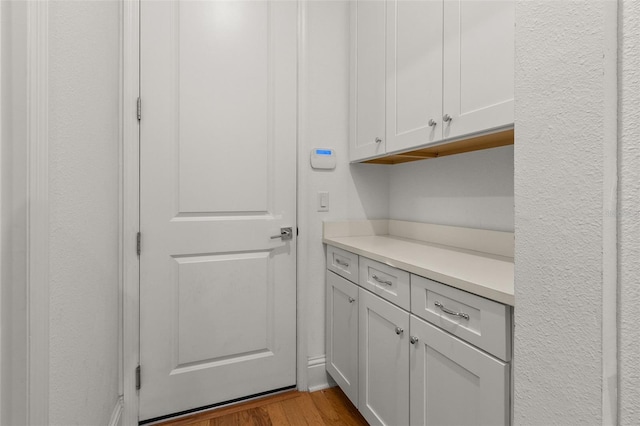 clothes washing area with light wood-type flooring