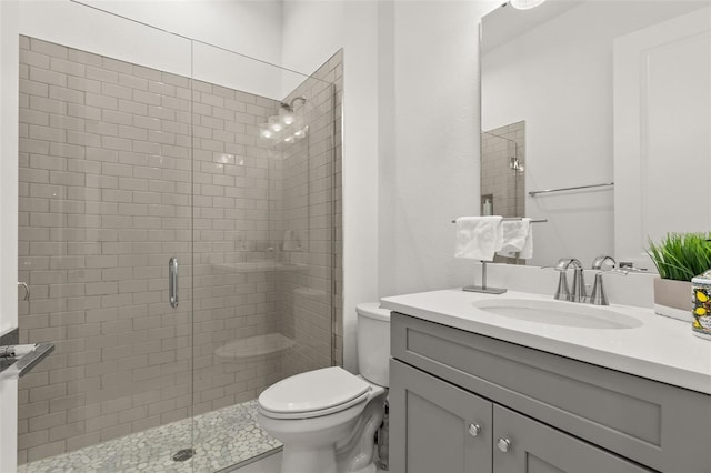 bathroom featuring vanity, an enclosed shower, and toilet