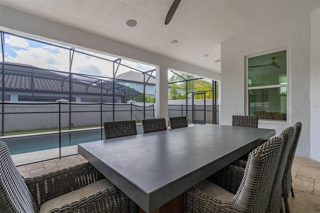 interior space featuring ceiling fan