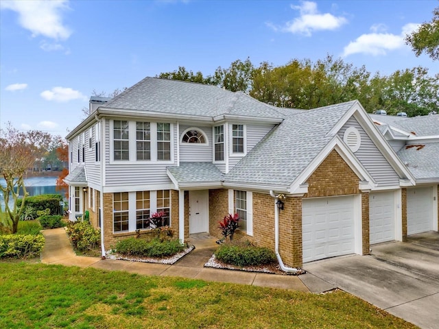 front of property with a garage, a water view, and a front yard