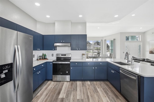 kitchen with blue cabinets, sink, stainless steel appliances, light hardwood / wood-style floors, and backsplash