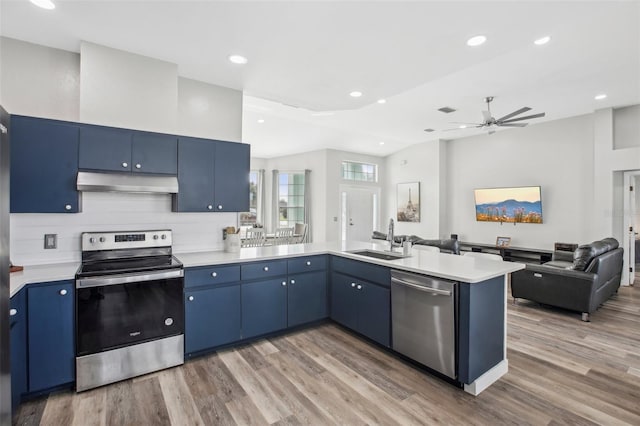 kitchen featuring sink, appliances with stainless steel finishes, ventilation hood, blue cabinets, and kitchen peninsula