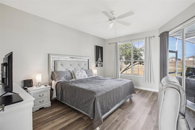 bedroom featuring ceiling fan and dark hardwood / wood-style flooring