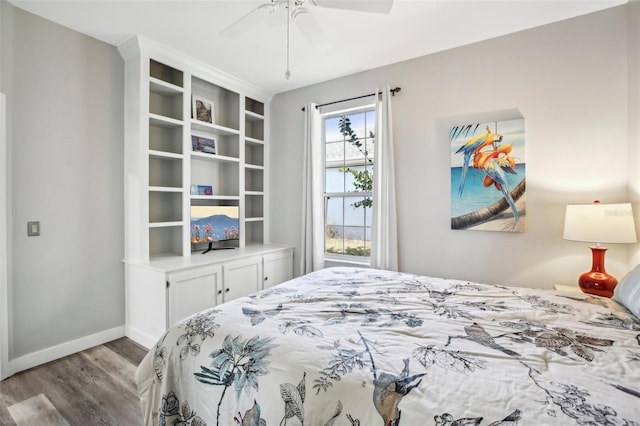 bedroom featuring ceiling fan and light wood-type flooring