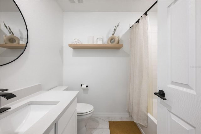 full bathroom featuring shower / bathtub combination with curtain, vanity, and toilet