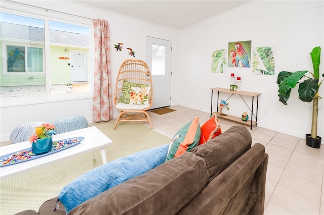 tiled living room with vaulted ceiling