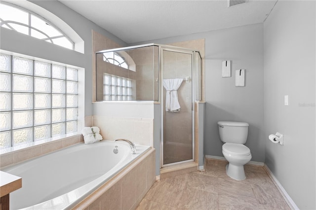 full bathroom with vanity, a textured ceiling, independent shower and bath, and toilet