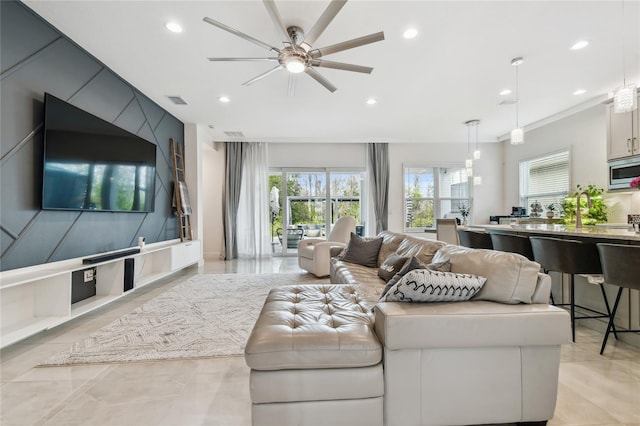 living room with ceiling fan