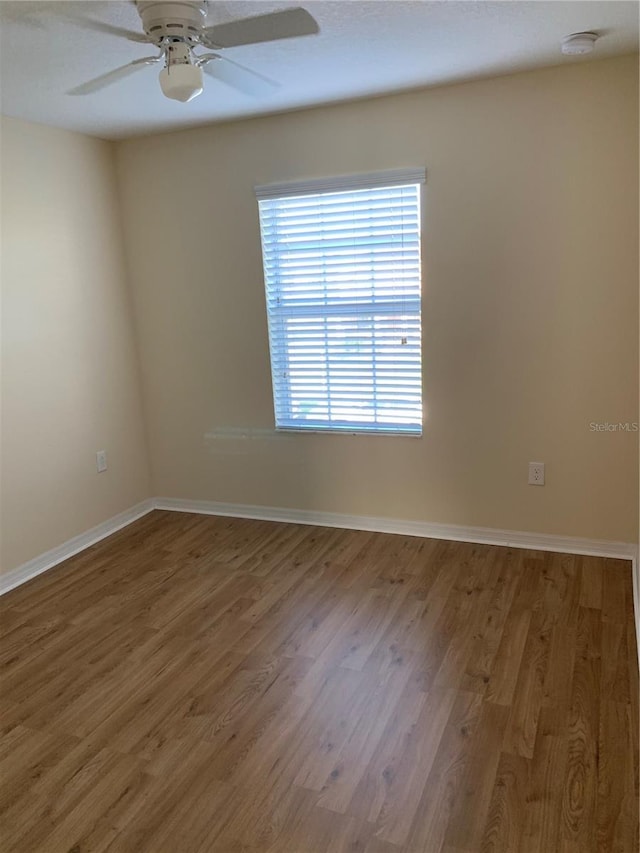 empty room featuring wood-type flooring and ceiling fan