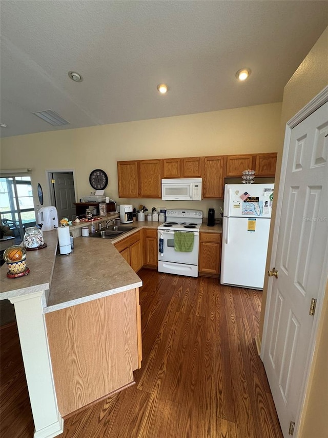 kitchen with white appliances, dark hardwood / wood-style floors, and sink