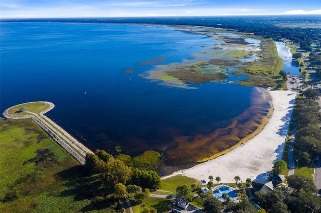 bird's eye view with a view of the beach and a water view