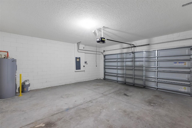 garage with water heater, a garage door opener, and electric panel